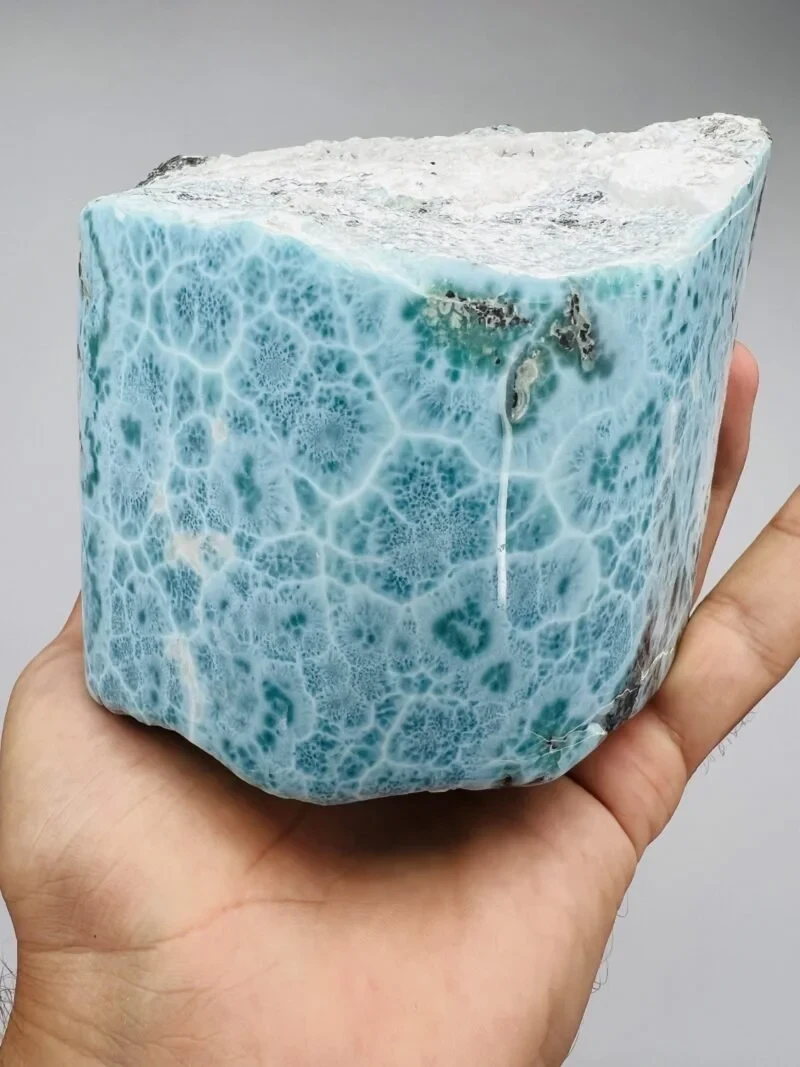 Close-up of Larimar's web-like turtleback pattern