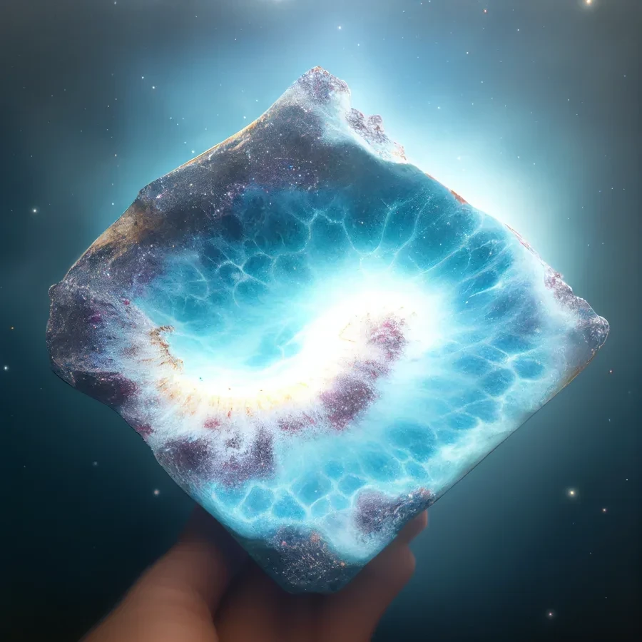A Larimar specimen presented with a galaxy-inspired visual comparison.